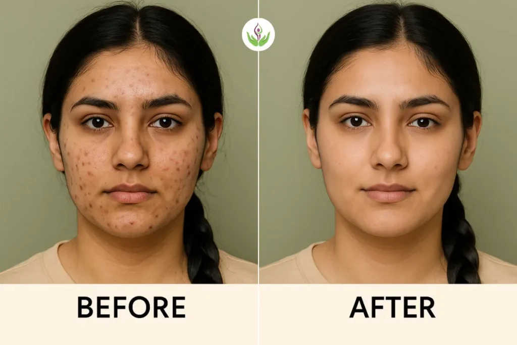 Before and after results of acne scar treatment in Delhi – Punjabi girl with visible improvement in skin texture