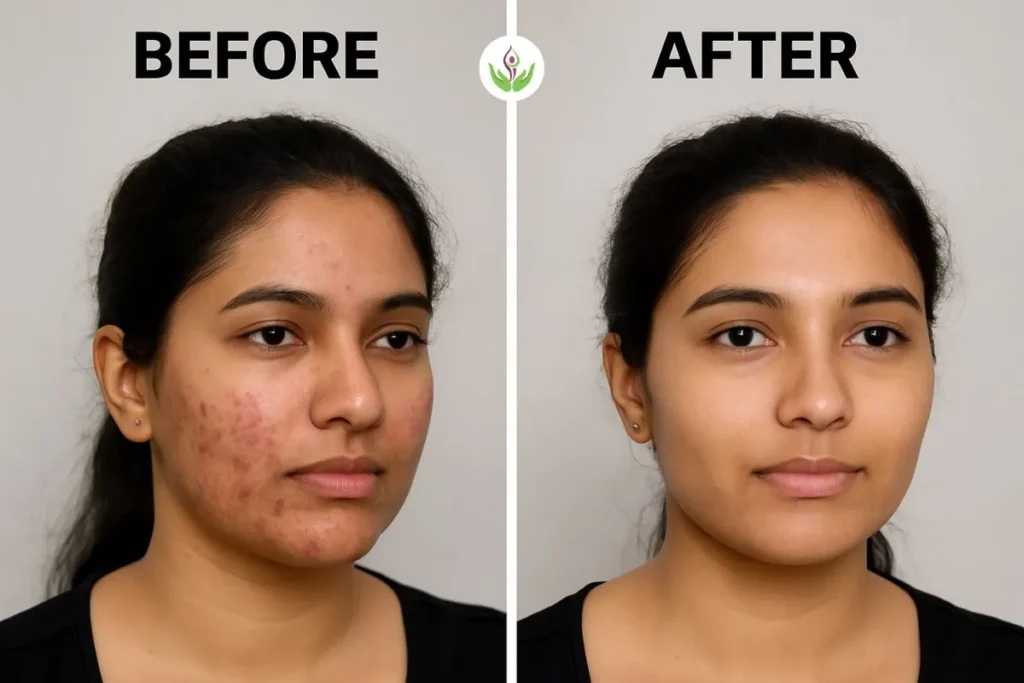 Before and after acne scar treatment in Delhi – visible skin improvement on Indian female patient